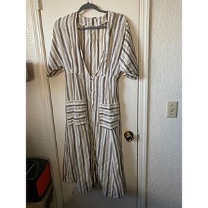 Free People Womens Striped Midi Dress Button Front Pockets Brown Beige‎ Casual